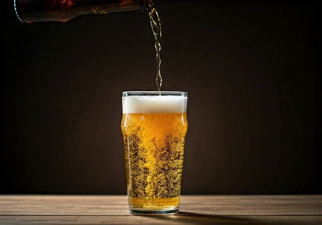 A frothy non-alcoholic beer poured into a clear glass. 35mm stock photo