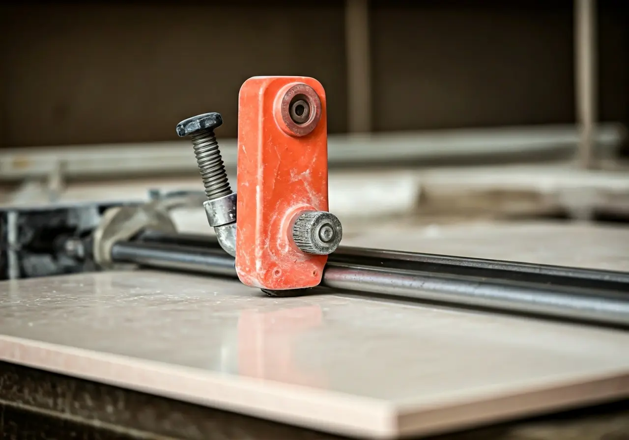 A close-up of a professional tile cutter in action. 35mm stock photo