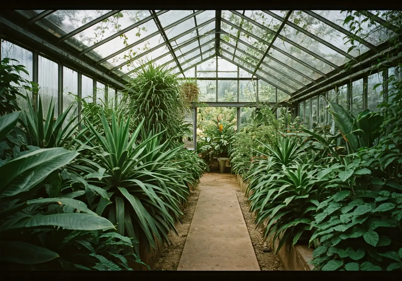 A modern greenhouse with lush plants and ample natural light. 35mm stock photo