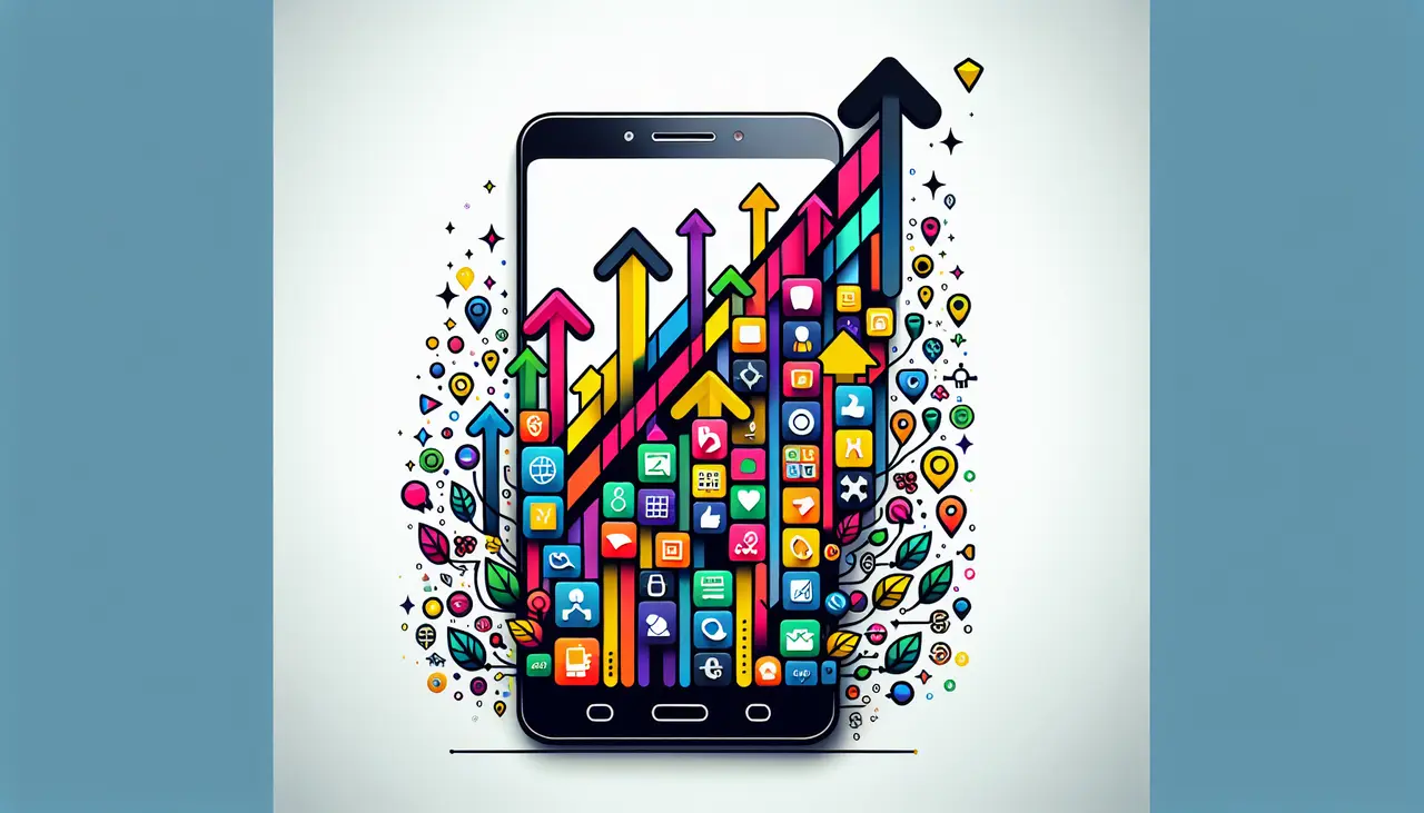 Draw a graphic in flat design style. A flat design image of a smartphone with various colorful app icons, symbolizing growth with upward-pointing arrows emerging from the screen, set against a clean white background.