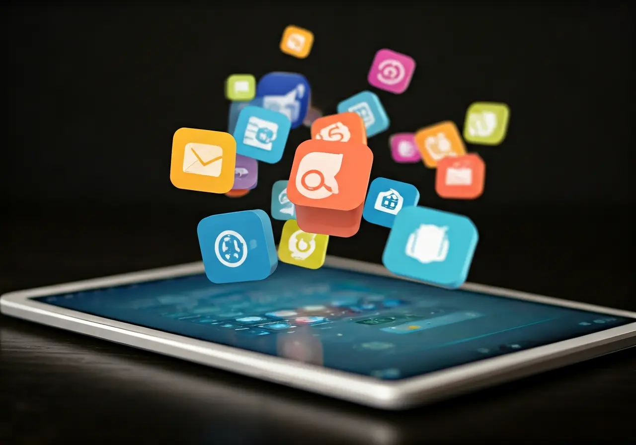 Colorful smartphone icons floating above a digital tablet. 35mm stock photo
