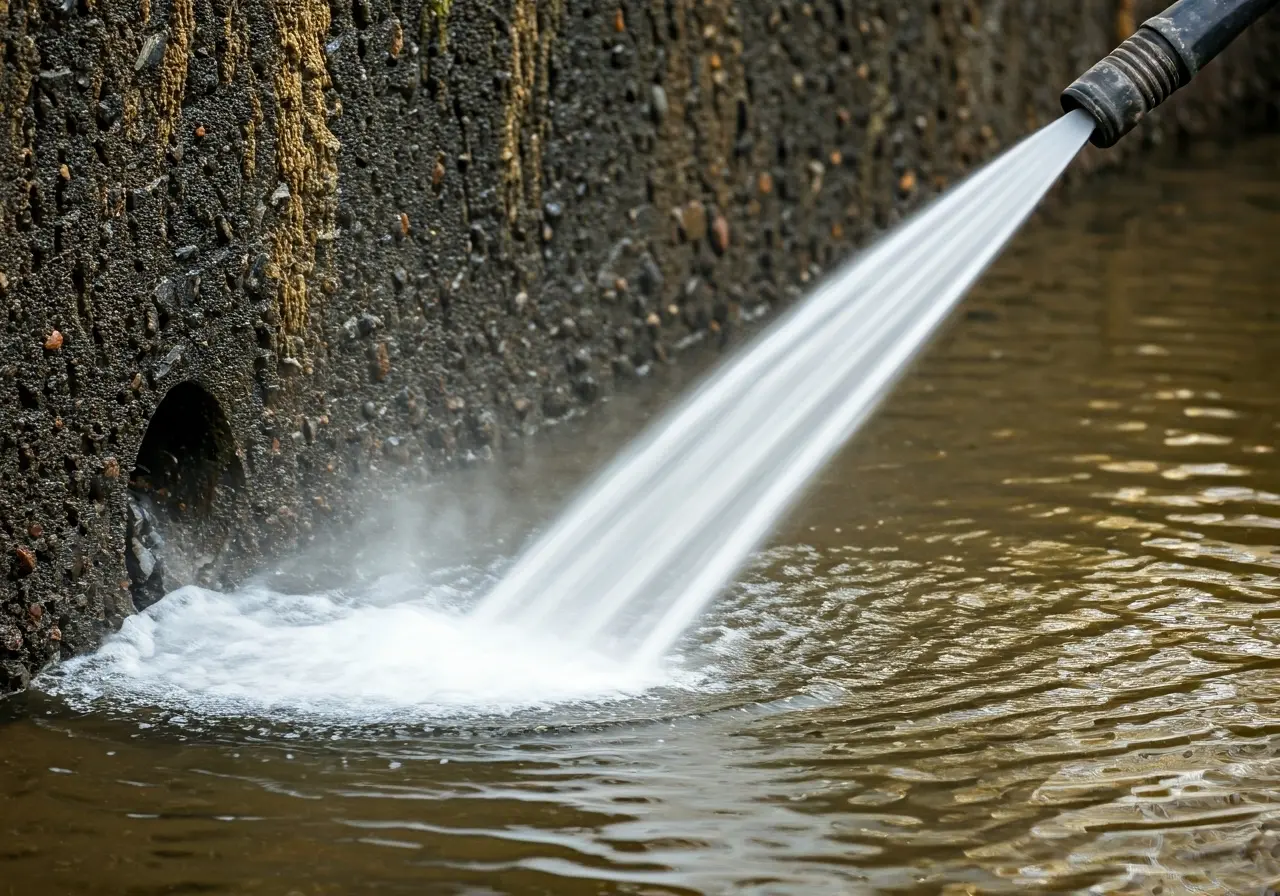 High-pressure water jet cleaning a blocked outdoor drain. 35mm stock photo