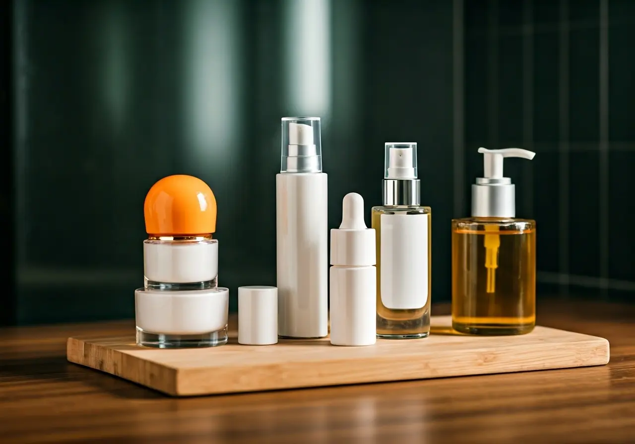 A collection of skincare products arranged on a bathroom counter. 35mm stock photo