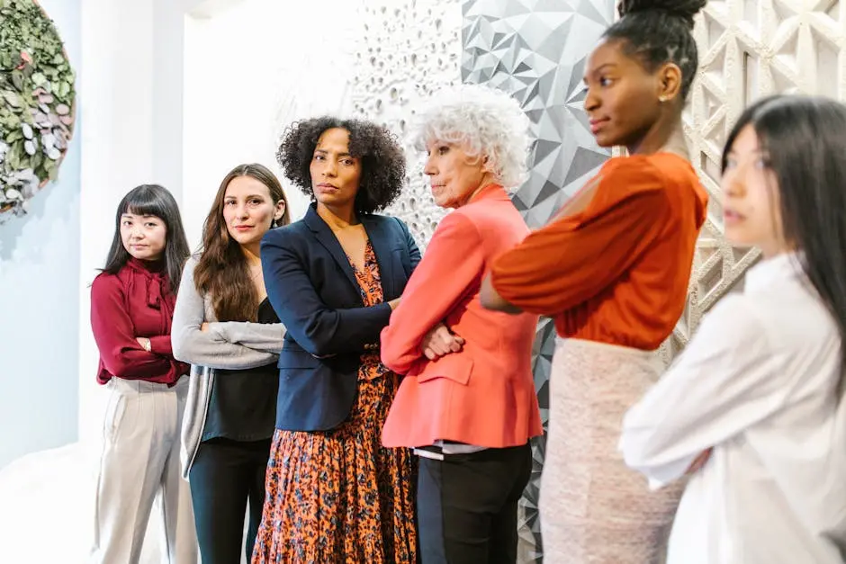 Group of diverse women professionals in a creative office setting, showcasing empowerment and leadership.