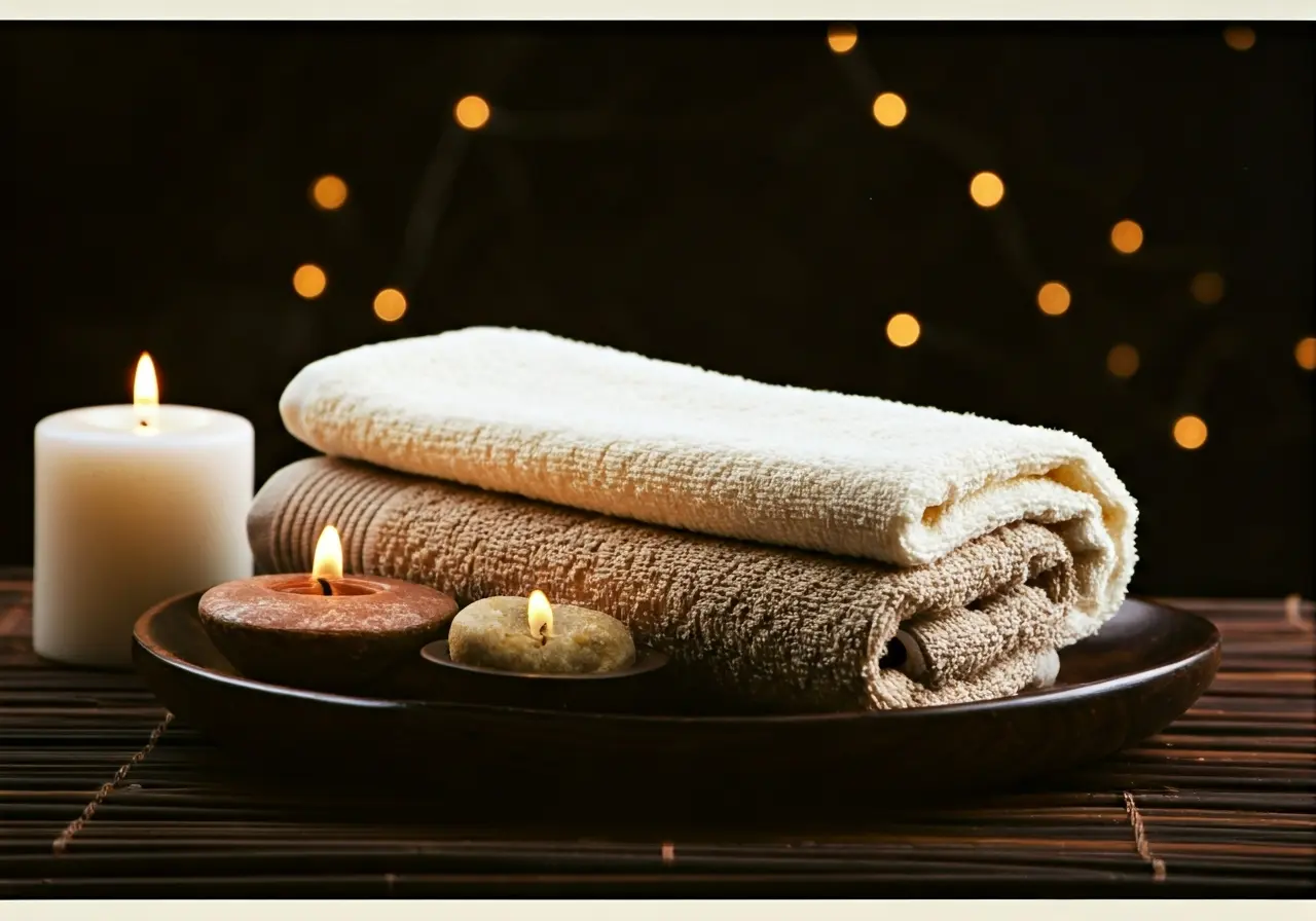 A serene spa setup with soft towels and candles. 35mm stock photo