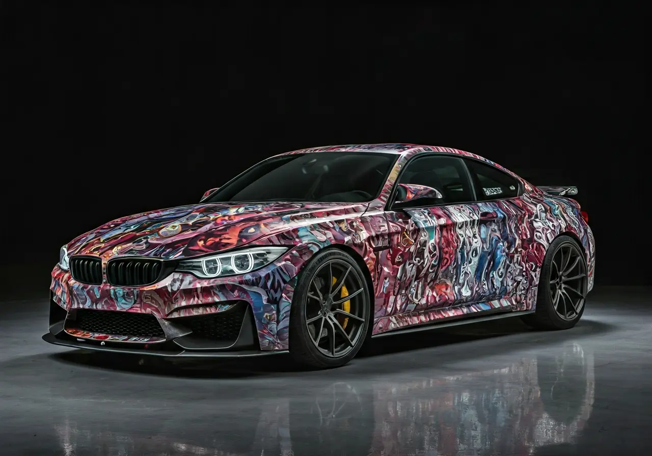 A sleek, customized sports car with vibrant, unique decals. 35mm stock photo