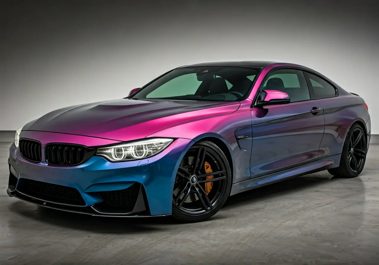 A sleek car showcasing a vibrant, glossy color wrap. 35mm stock photo