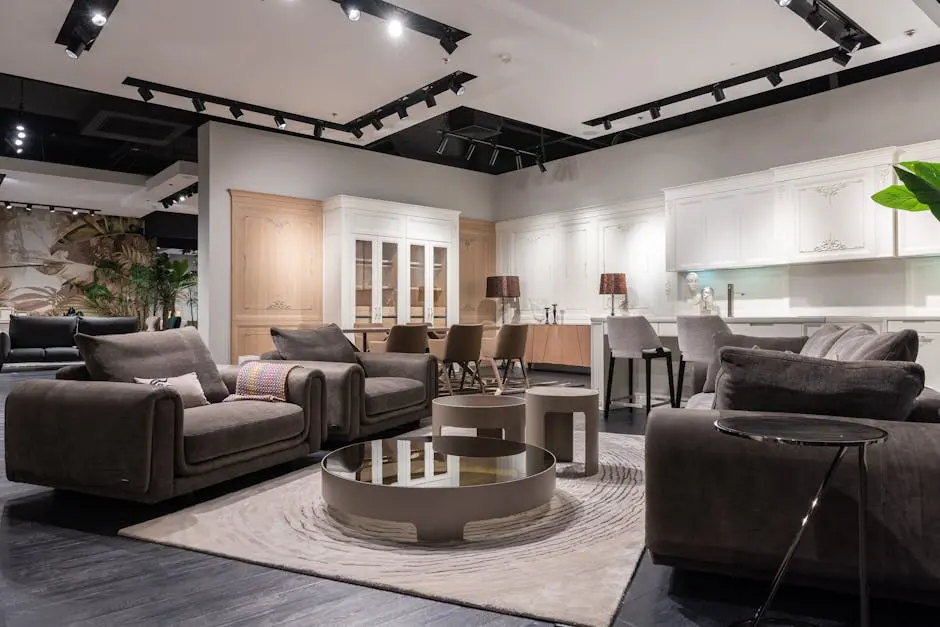 Spacious contemporary living room with elegant furniture and decor.