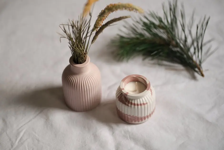 A serene still life featuring a ceramic vase and candle with branches on a white cloth.