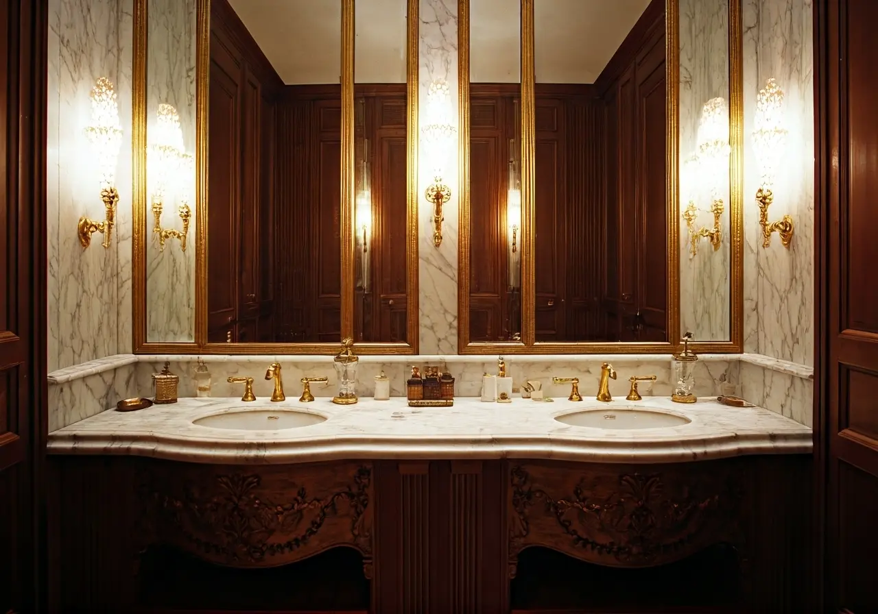An elegant marble bathroom with gold fixtures and mirrors. 35mm stock photo