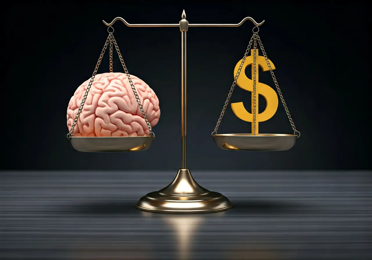 A balanced scale with a brain and dollar sign. 35mm stock photo