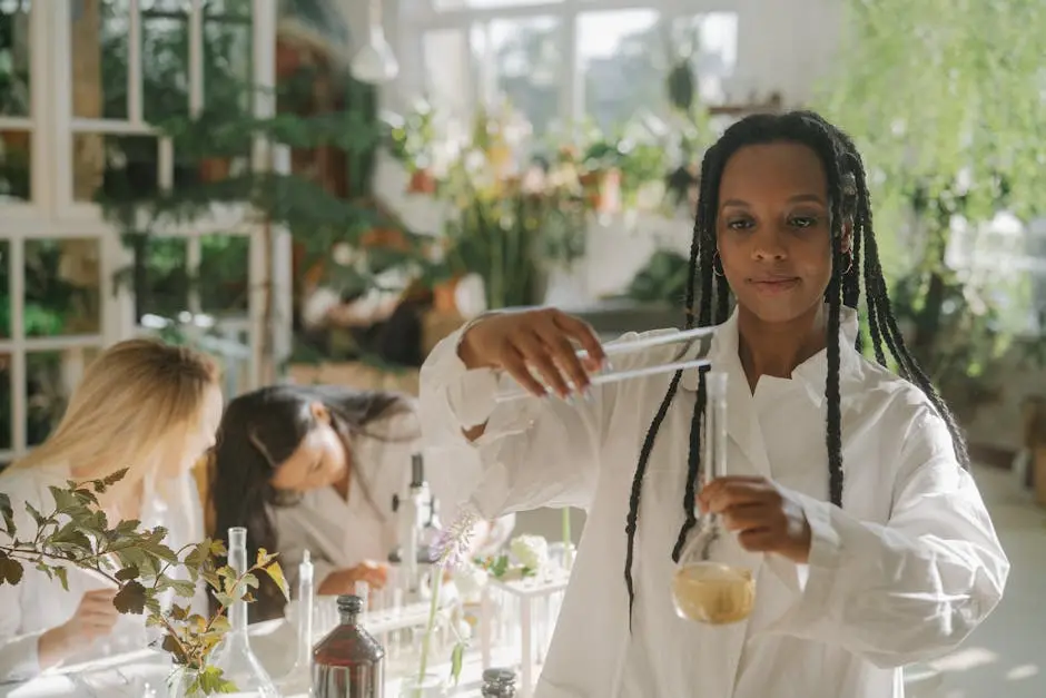 A diverse team of scientists in a botanical lab conducting experiments with plants and test tubes.
