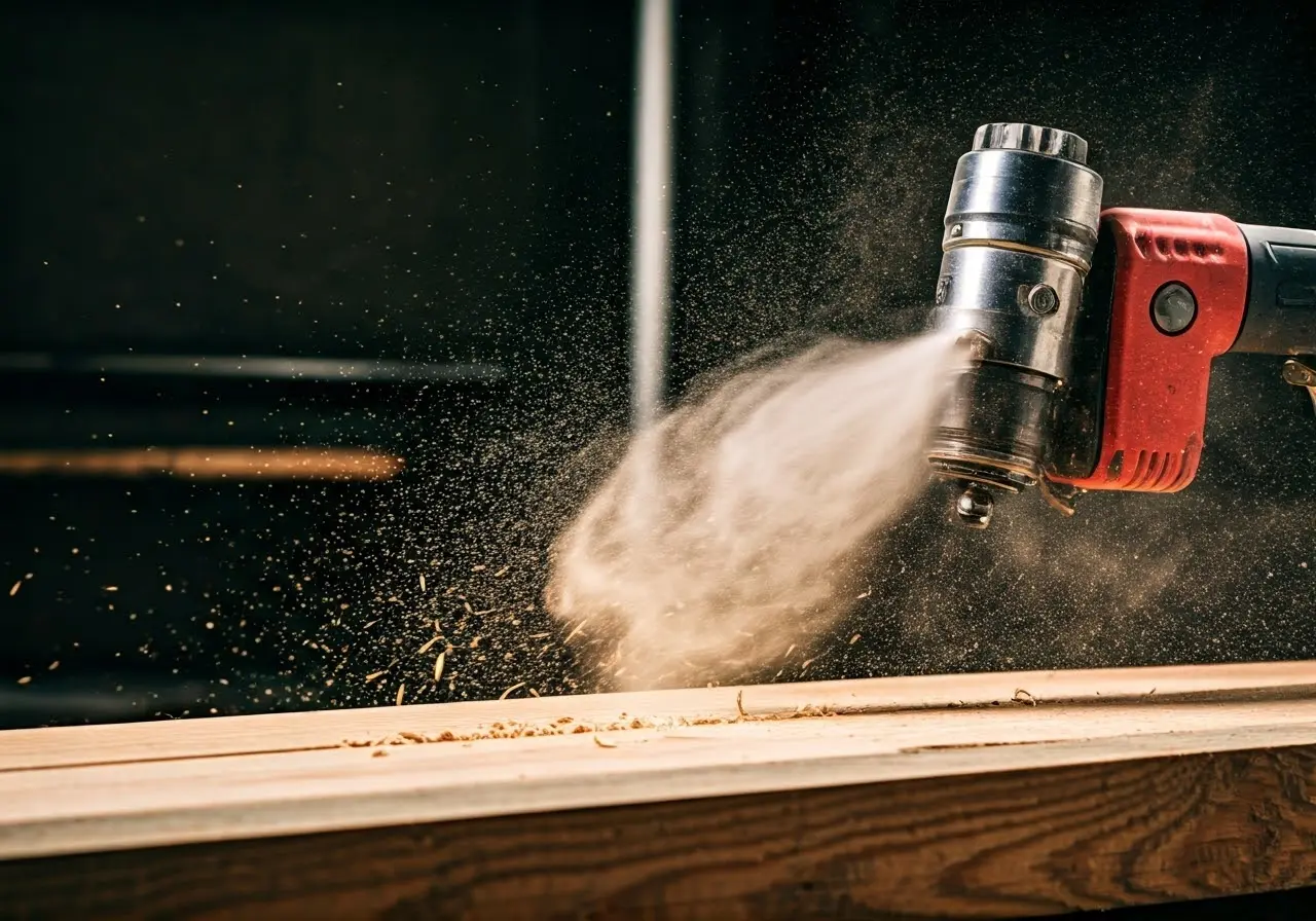 A sleek pneumatic tool cutting through wood, amidst dust-free air. 35mm stock photo