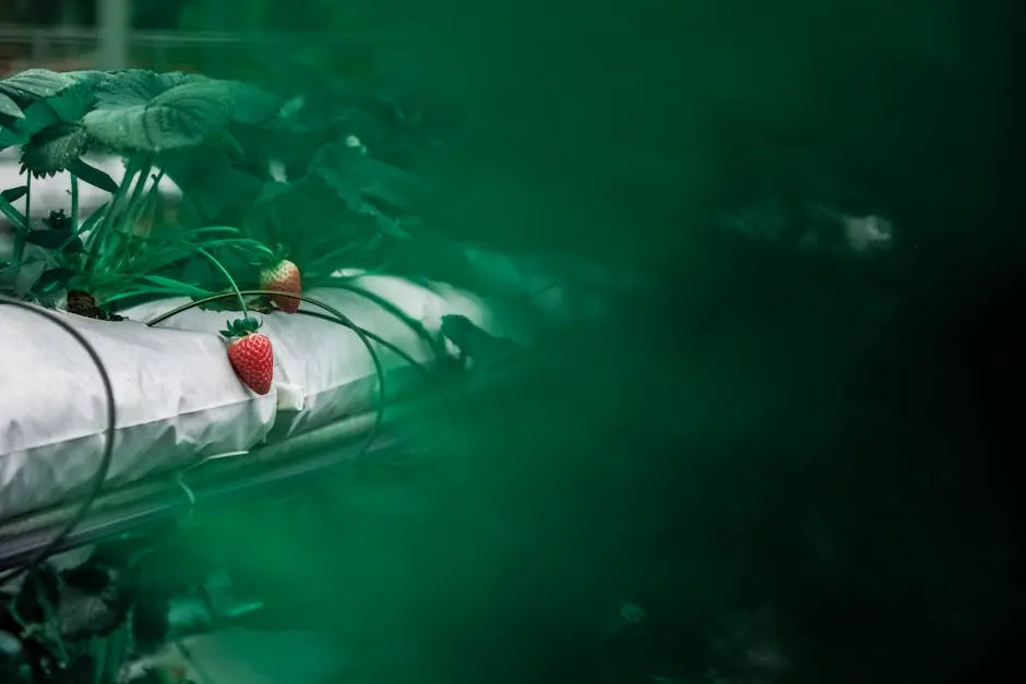 Vibrant strawberries growing in a hydroponic setup, showcasing fresh organic farming.