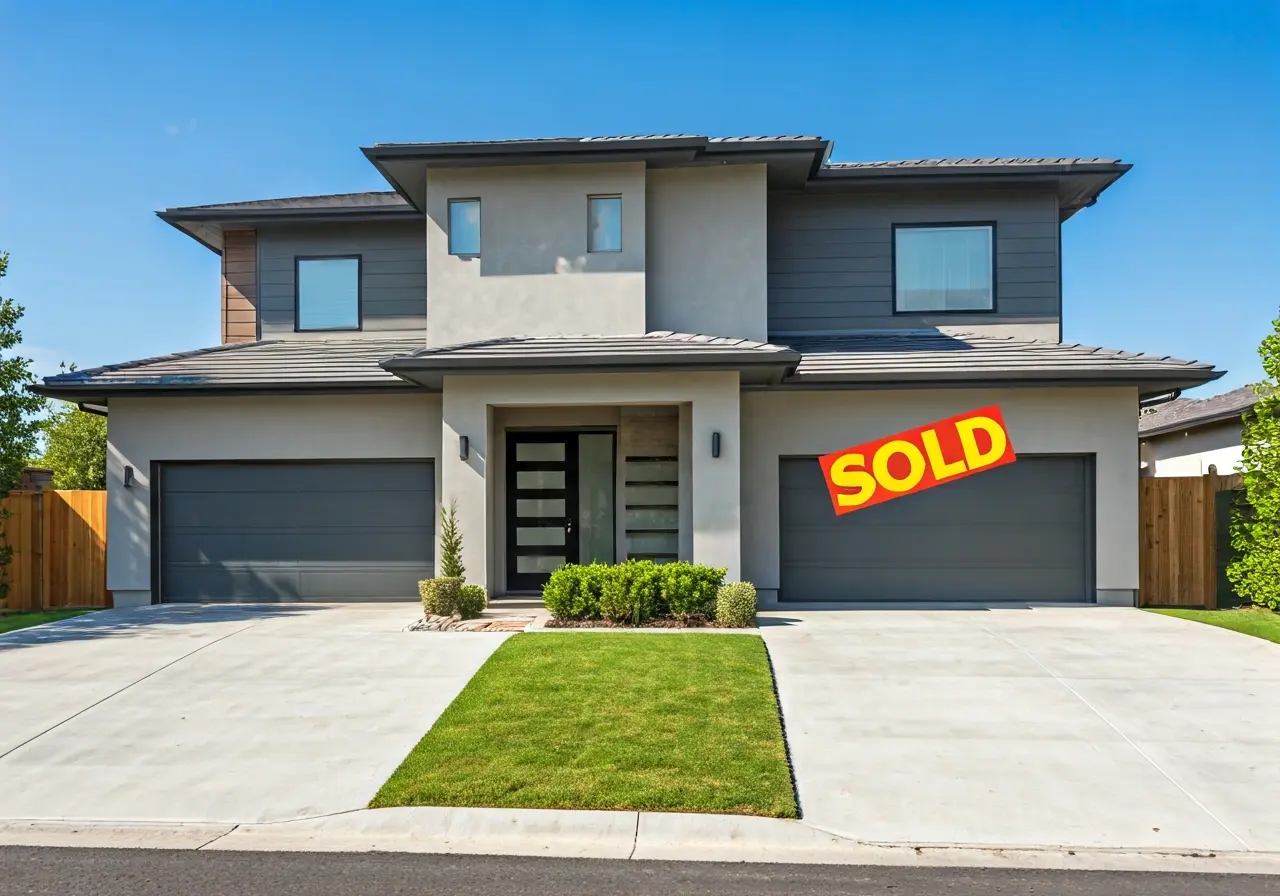 A modern house for sale with a Sold sign. 35mm stock photo