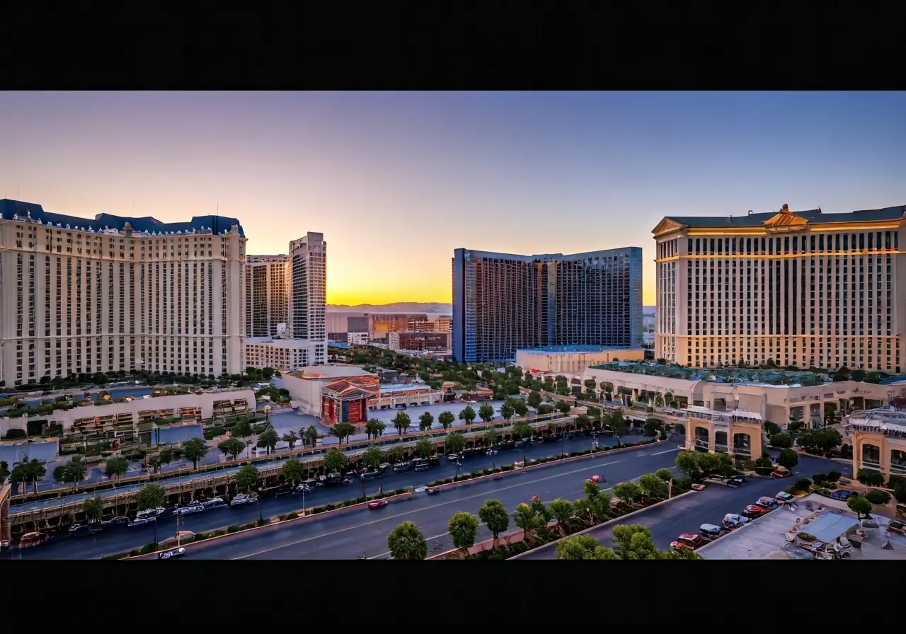 Las Vegas skyline with bright neon lights at sunset. 35mm stock photo