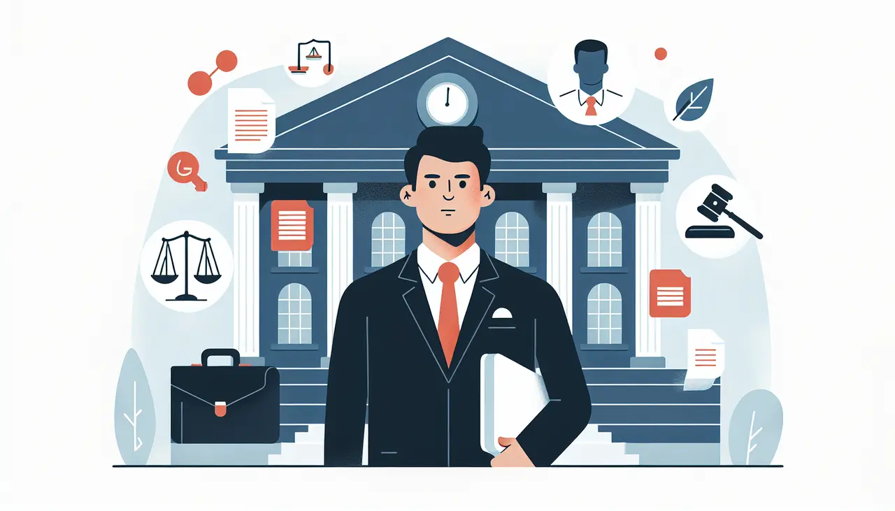 Draw a graphic in flat design style. A flat design illustration of a confident business litigation attorney standing next to a courthouse, holding a briefcase, with simple icons representing legal documents and a gavel floating around them.