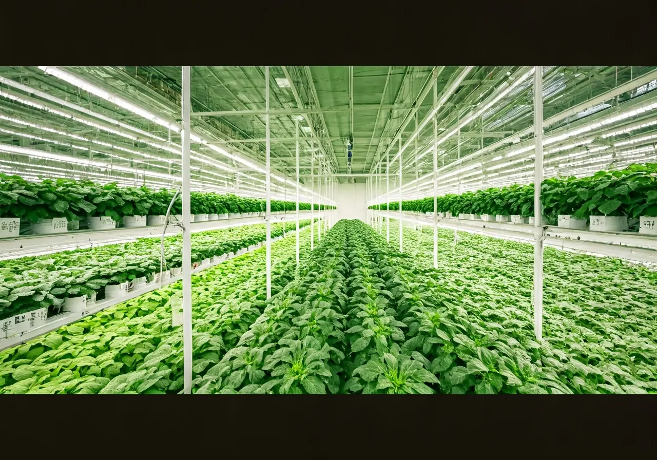 A modern indoor grow facility with lush green plants. 35mm stock photo