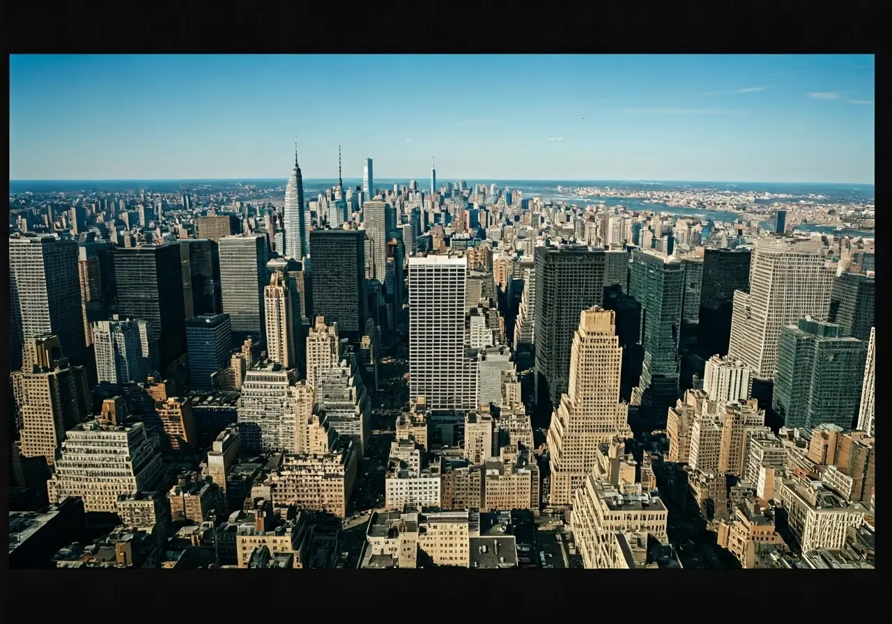 Aerial view of NYC skyline highlighting affordable neighborhoods. 35mm stock photo