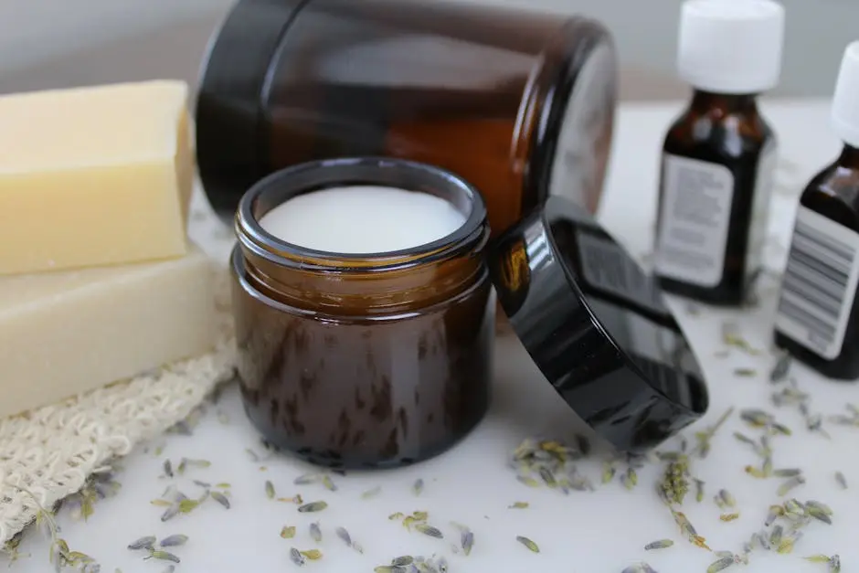 A collection of skincare items featuring natural ingredients in glass containers, perfect for beauty routines.