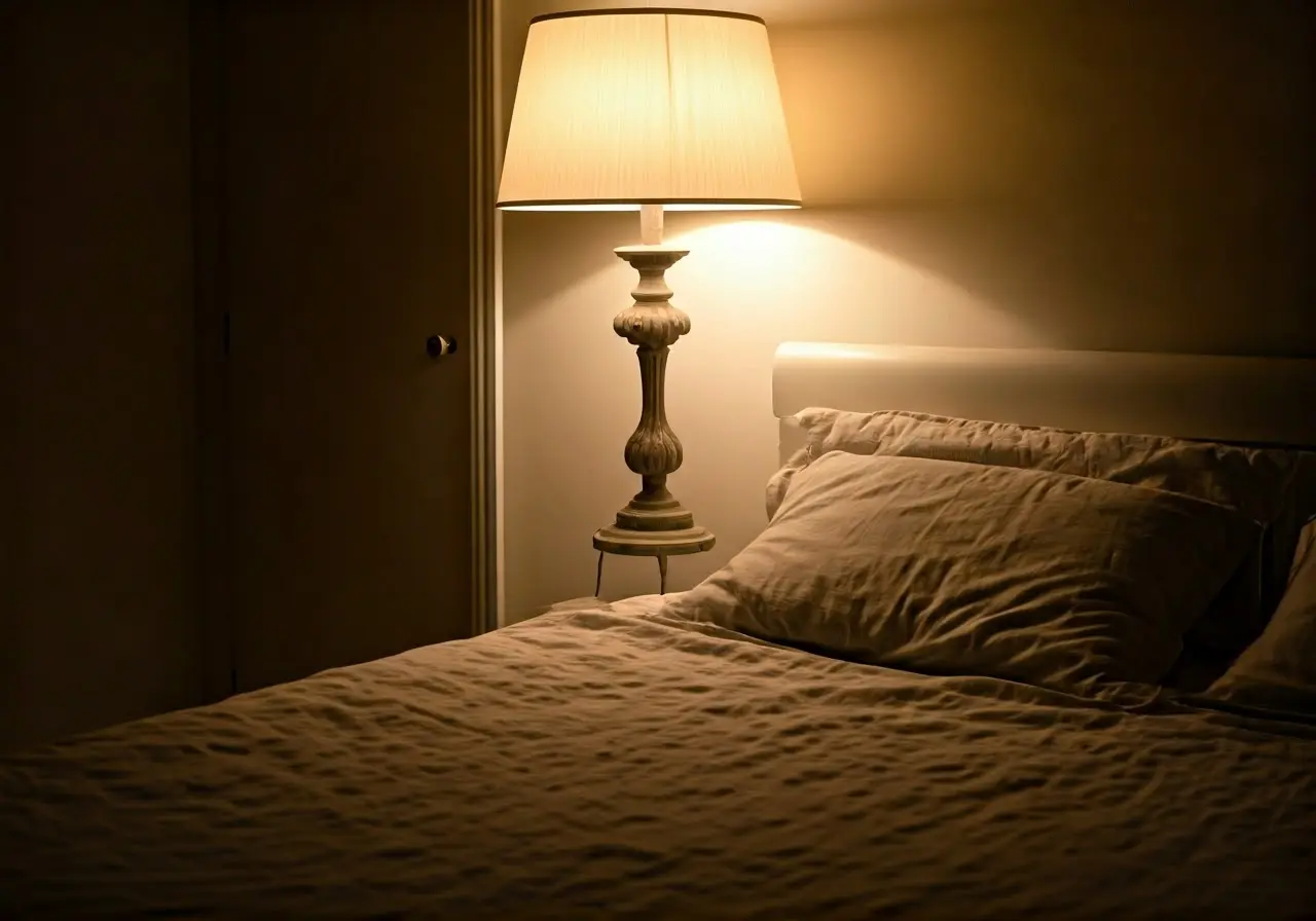 A serene home setting with soft lighting and comforting decorations. 35mm stock photo