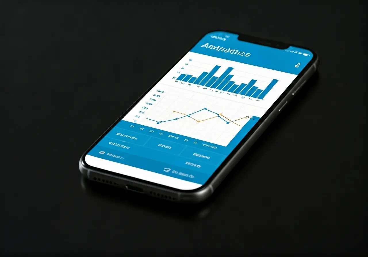 A smartphone displaying analytics and growth charts on screen. 35mm stock photo