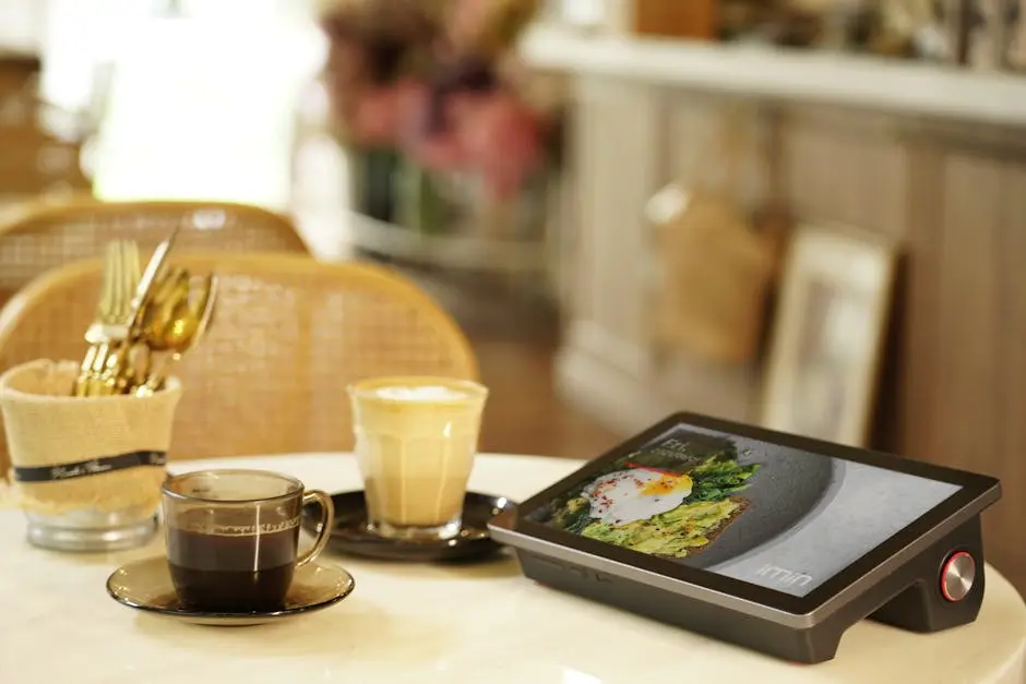 A cozy cafe setting featuring coffee cups and a digital menu tablet on a table.