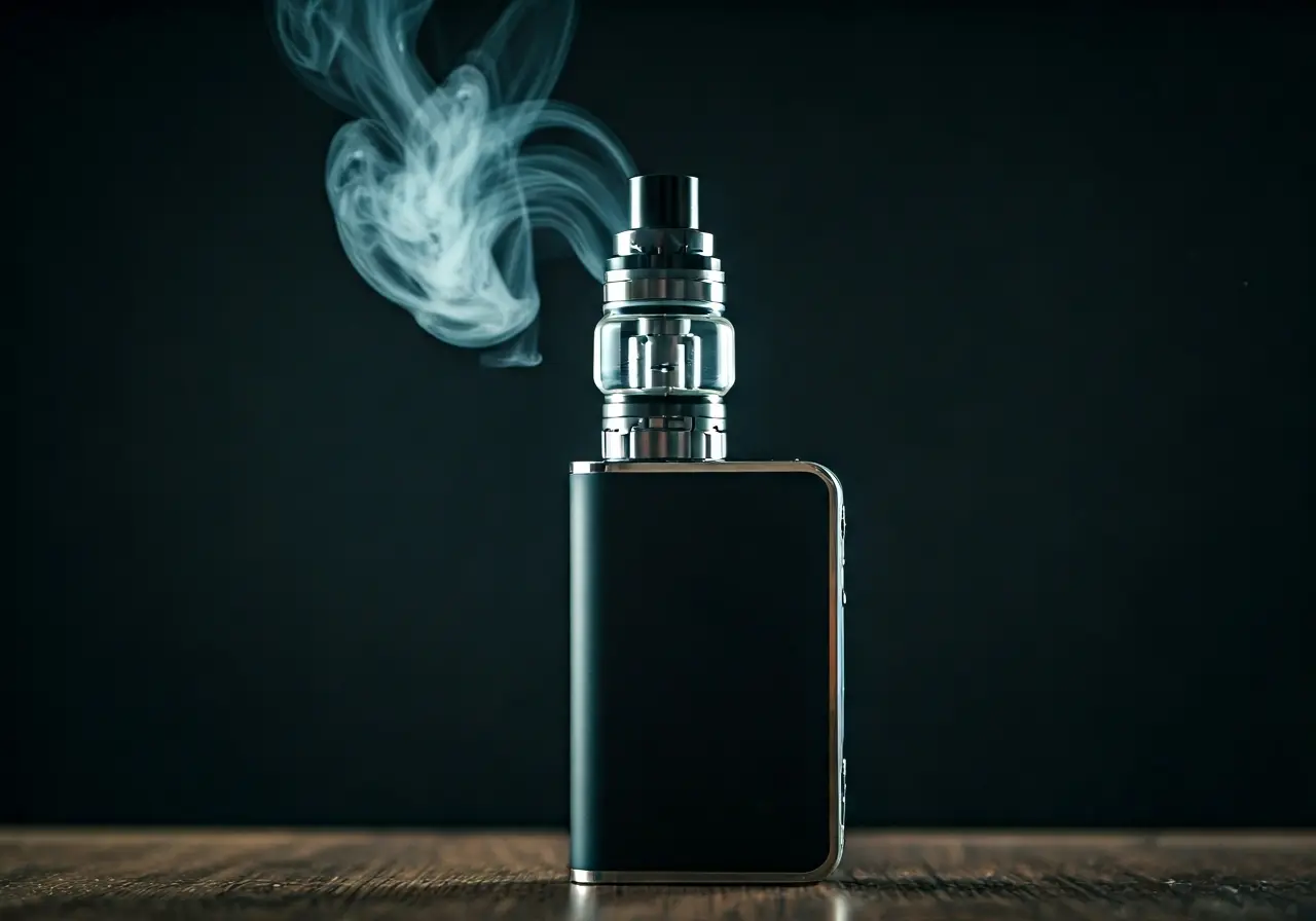 A sleek vaporizer emitting a gentle, swirling mist cloud. 35mm stock photo