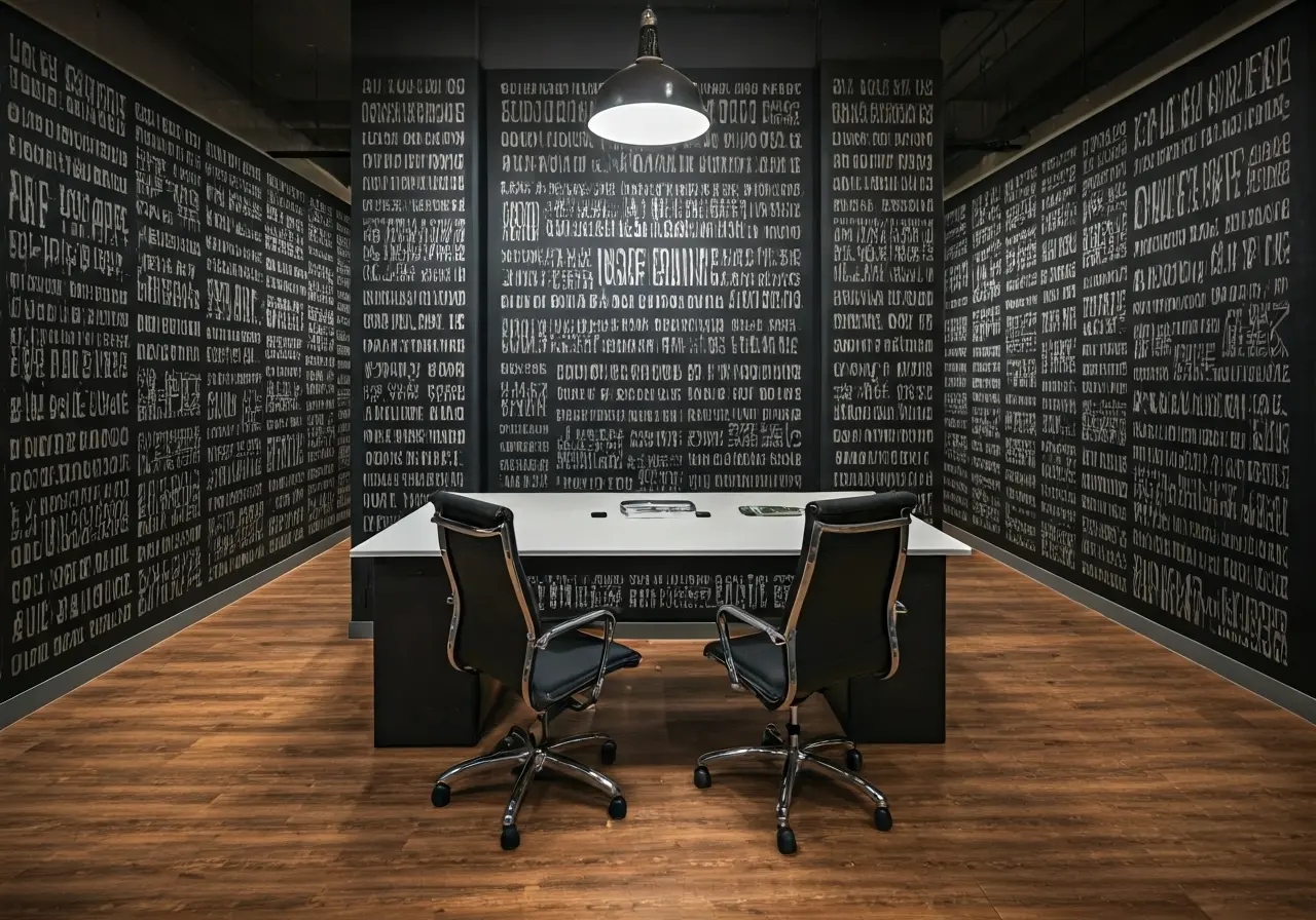An elegant office with inspirational leadership quotes on walls. 35mm stock photo