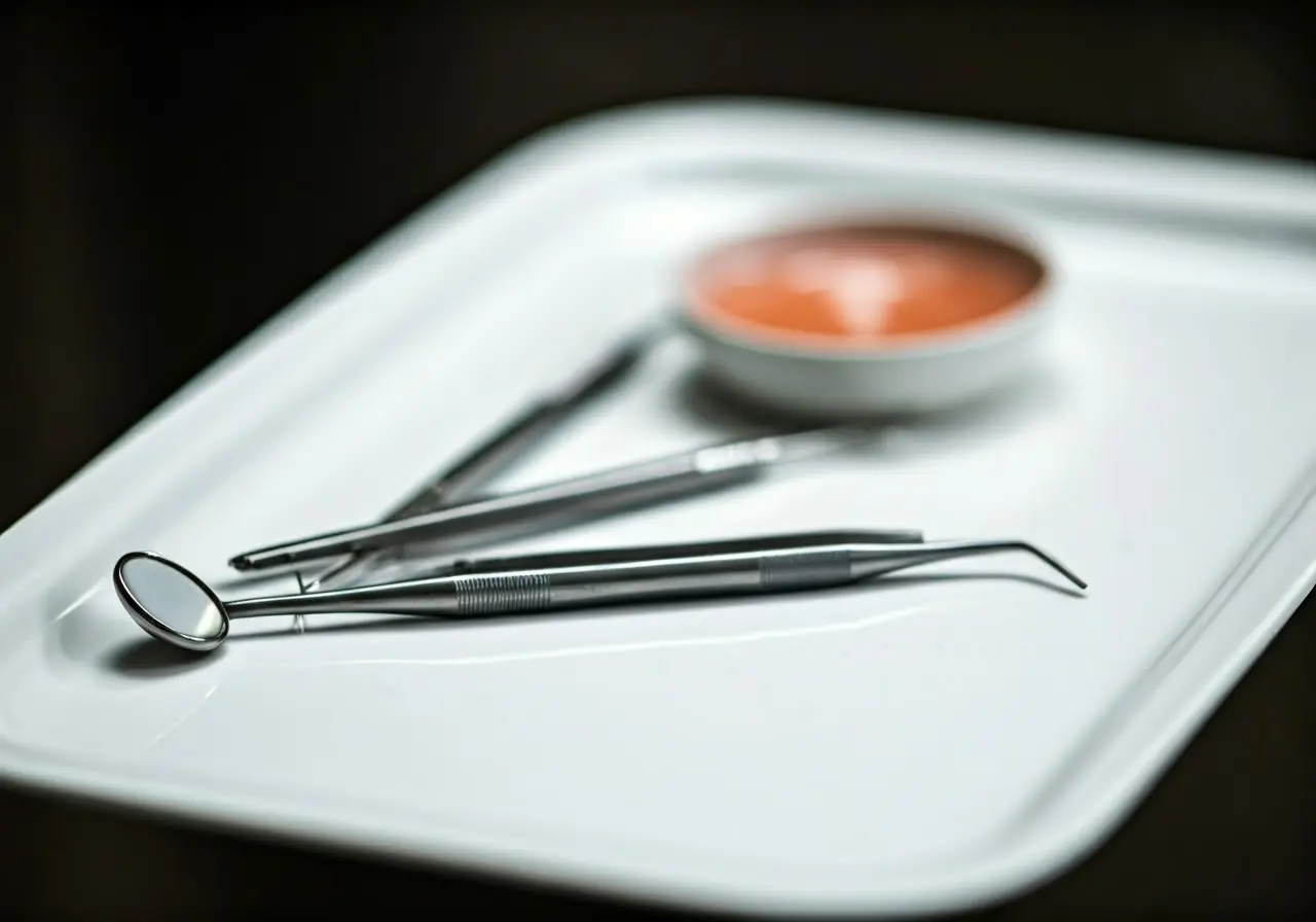 Dental instruments neatly arranged on a pristine white tray. 35mm stock photo