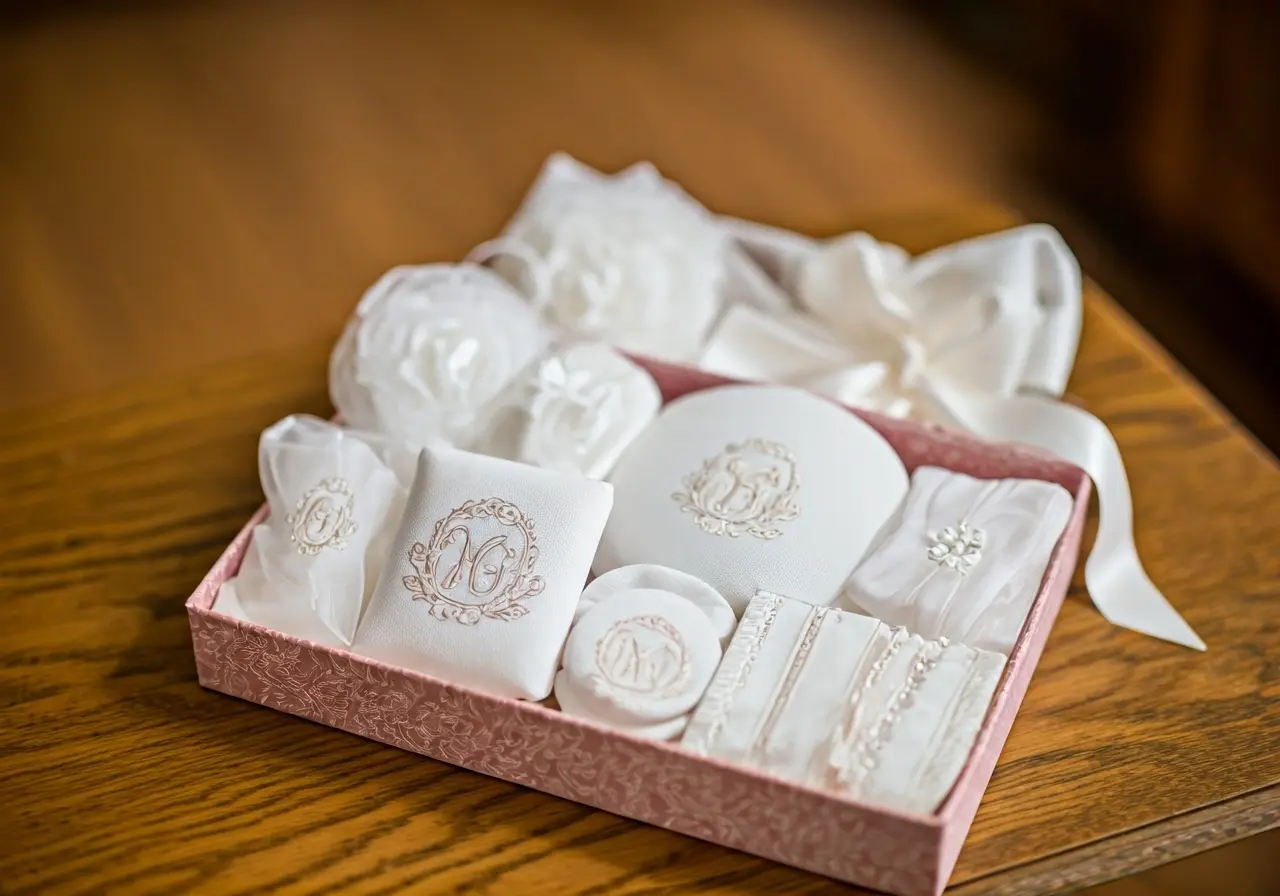 A bridal box filled with elegant monogrammed treasures. 35mm stock photo