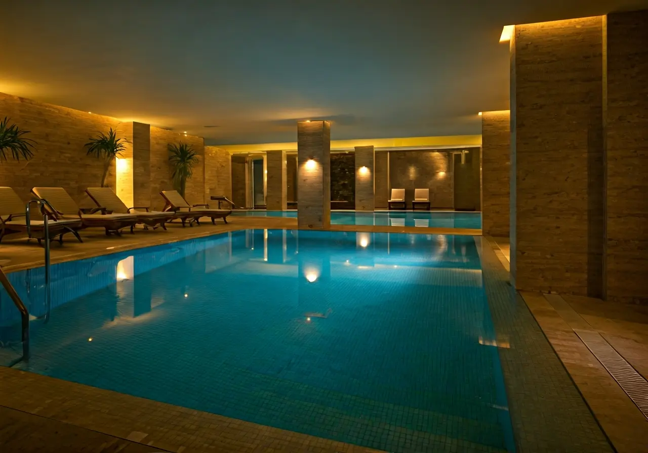 A serene hotel spa with calming ambient lighting. 35mm stock photo