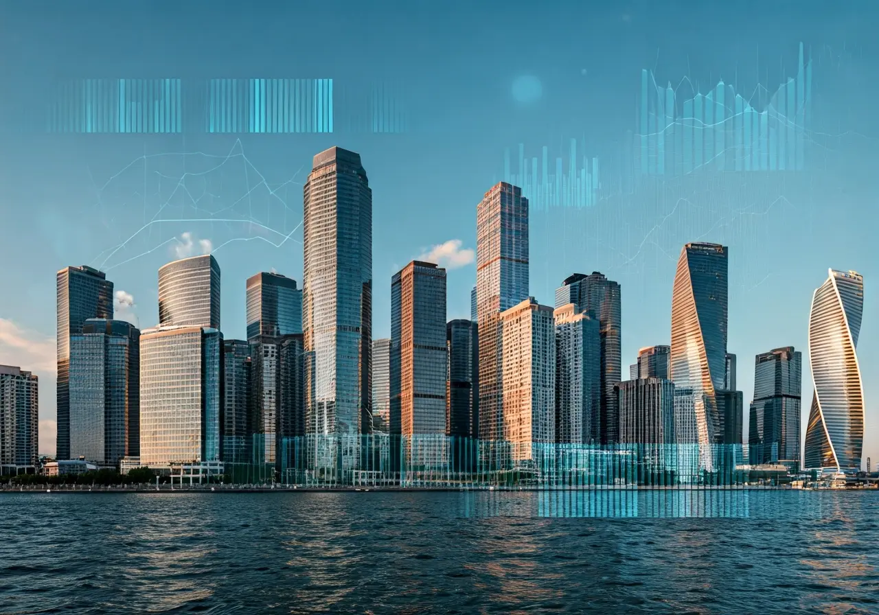 City skyline with digital design elements overlaying the buildings. 35mm stock photo