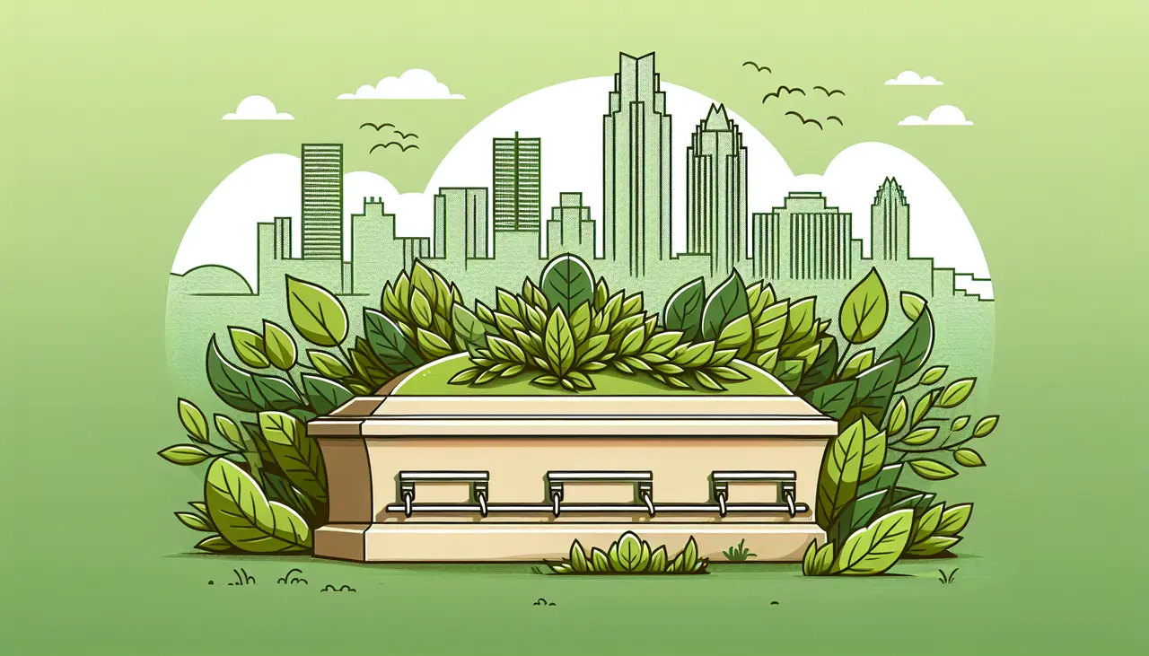 Draw a graphic in flat design style. An eco-friendly casket surrounded by green, leafy plants with an Austin city skyline in the background, all depicted in flat design style.