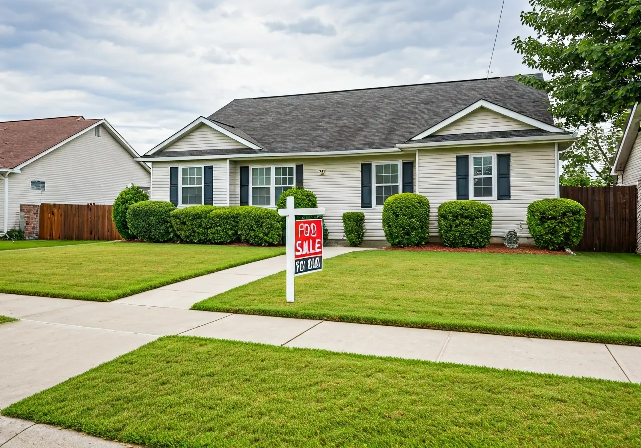 A small suburban home with a For Sale sign. 35mm stock photo