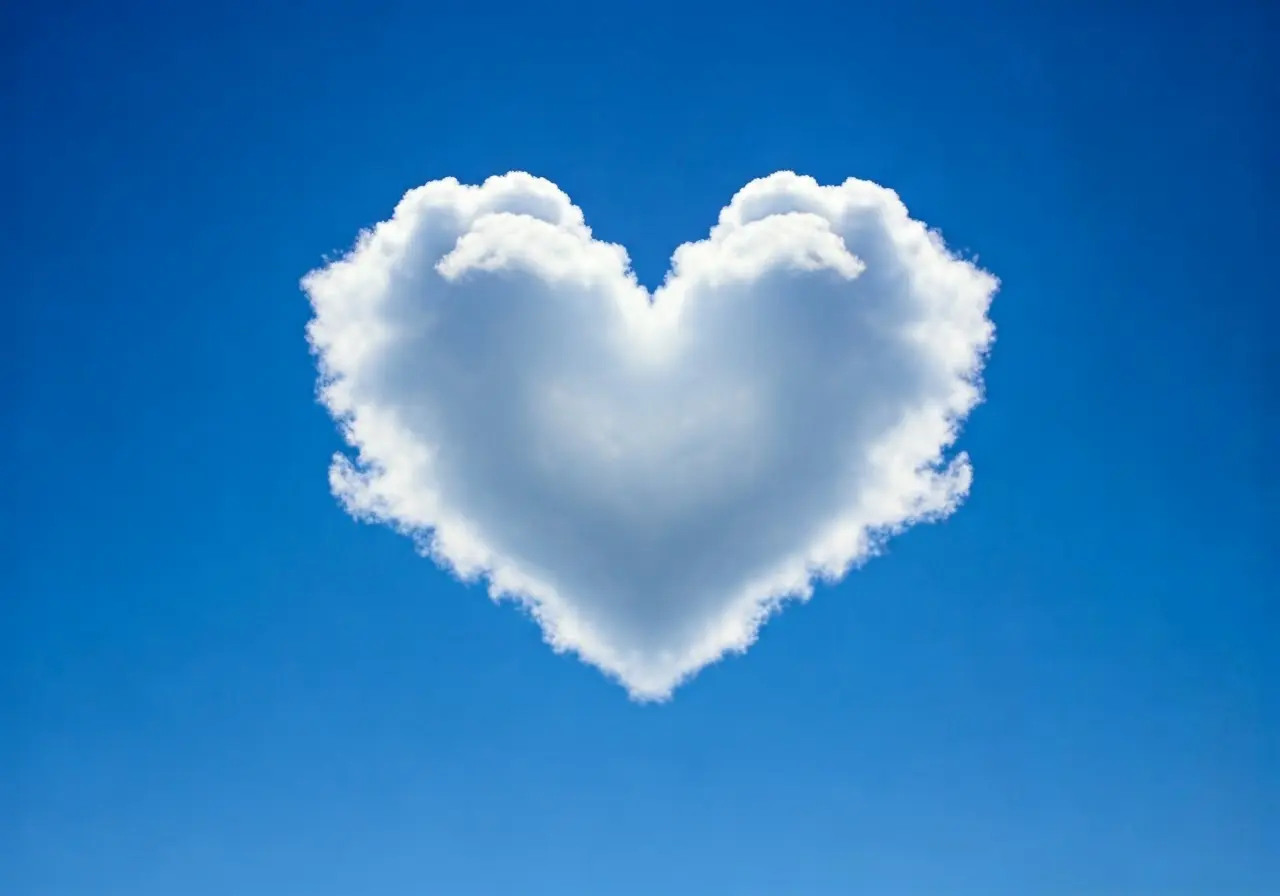 A heart-shaped cloud in a clear blue sky. 35mm stock photo