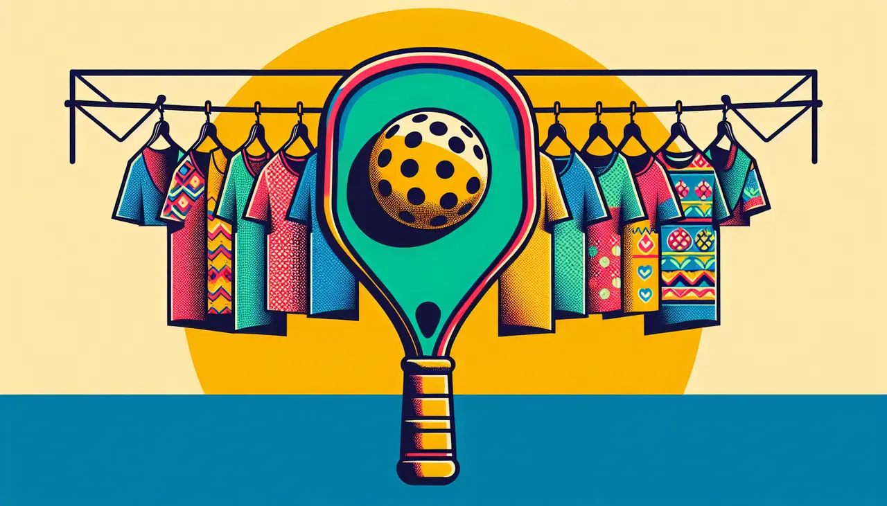 Draw a graphic in flat design style. A colorful, flat design style image of a pickleball paddle and ball with quirky t-shirt designs hanging on a clothesline in the background.