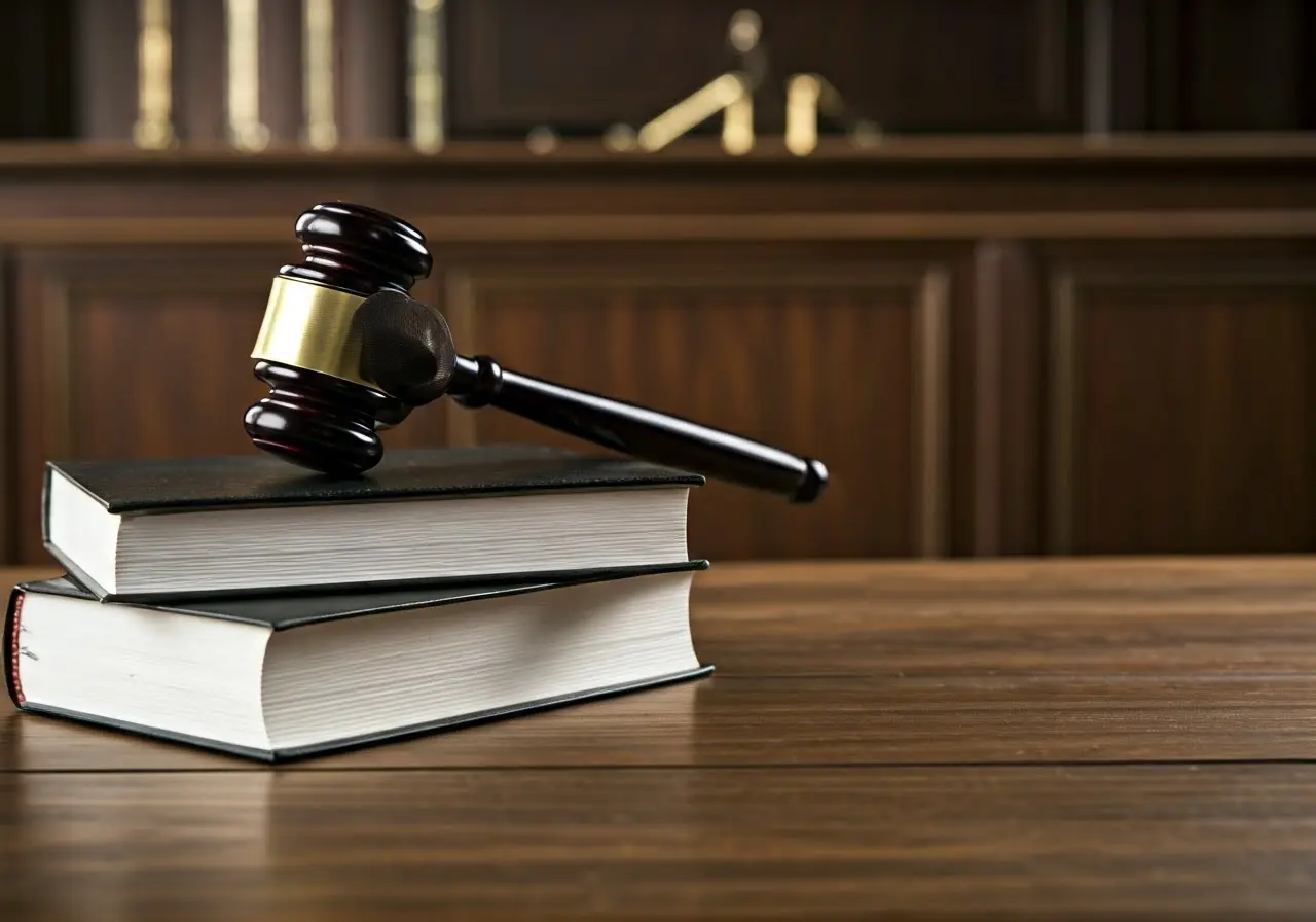 Gavel and law book on a wooden courtroom table. 35mm stock photo