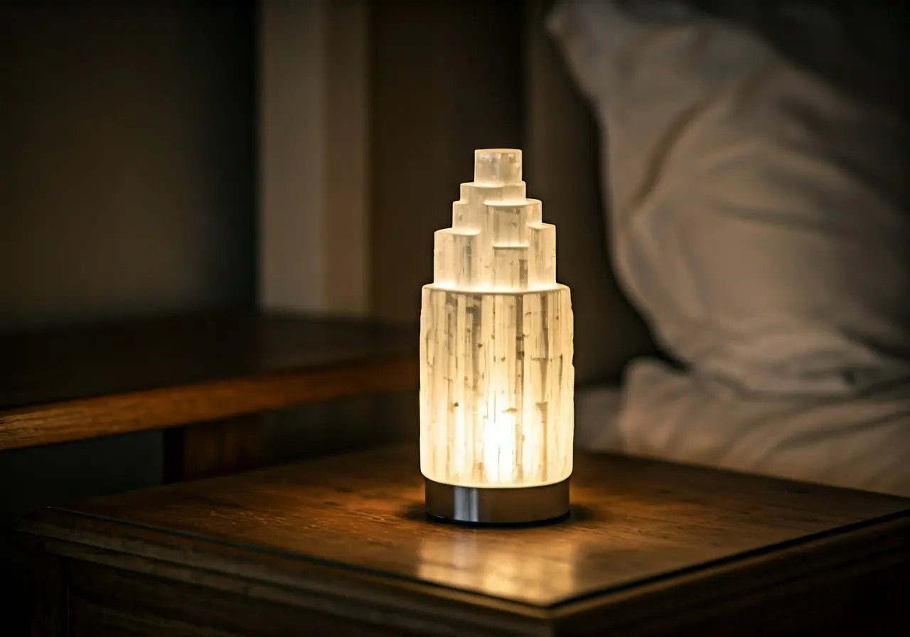 A glowing selenite lamp on a wooden bedside table. 35mm stock photo