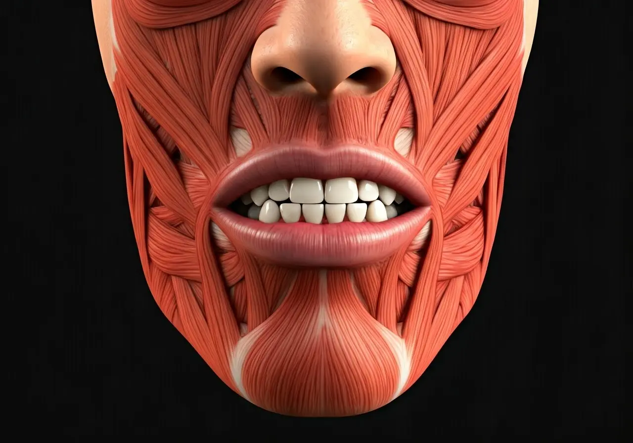 A close-up of a jawline with marked masseter muscles. 35mm stock photo