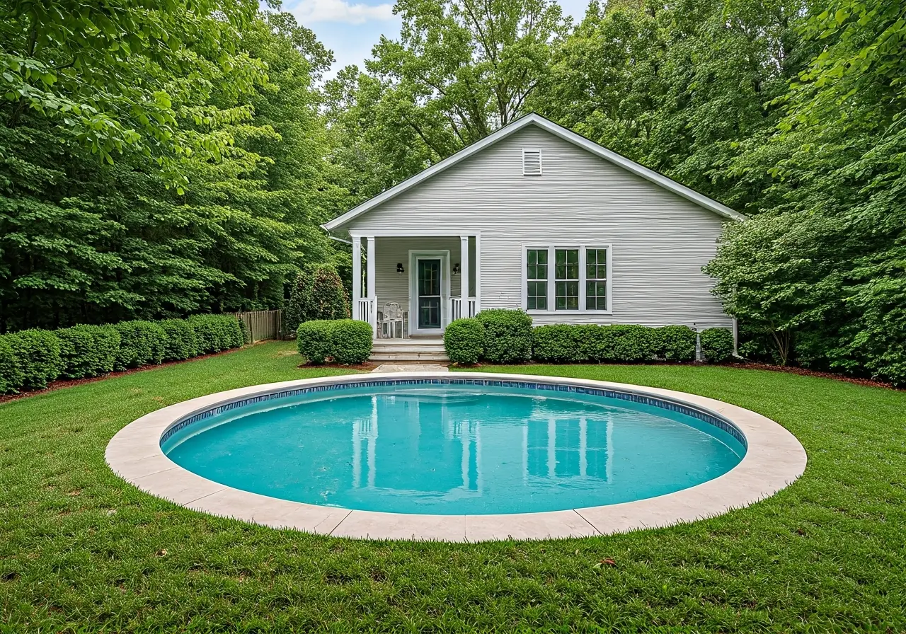 A pristine pool house surrounded by lush green landscaping. 35mm stock photo