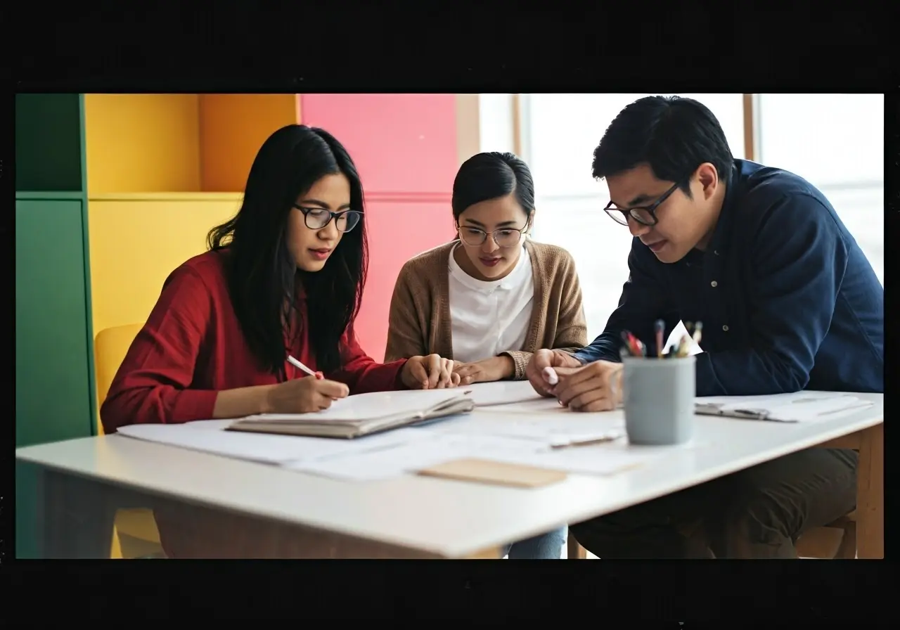 A diverse team collaborating in a colorful, modern office. 35mm stock photo