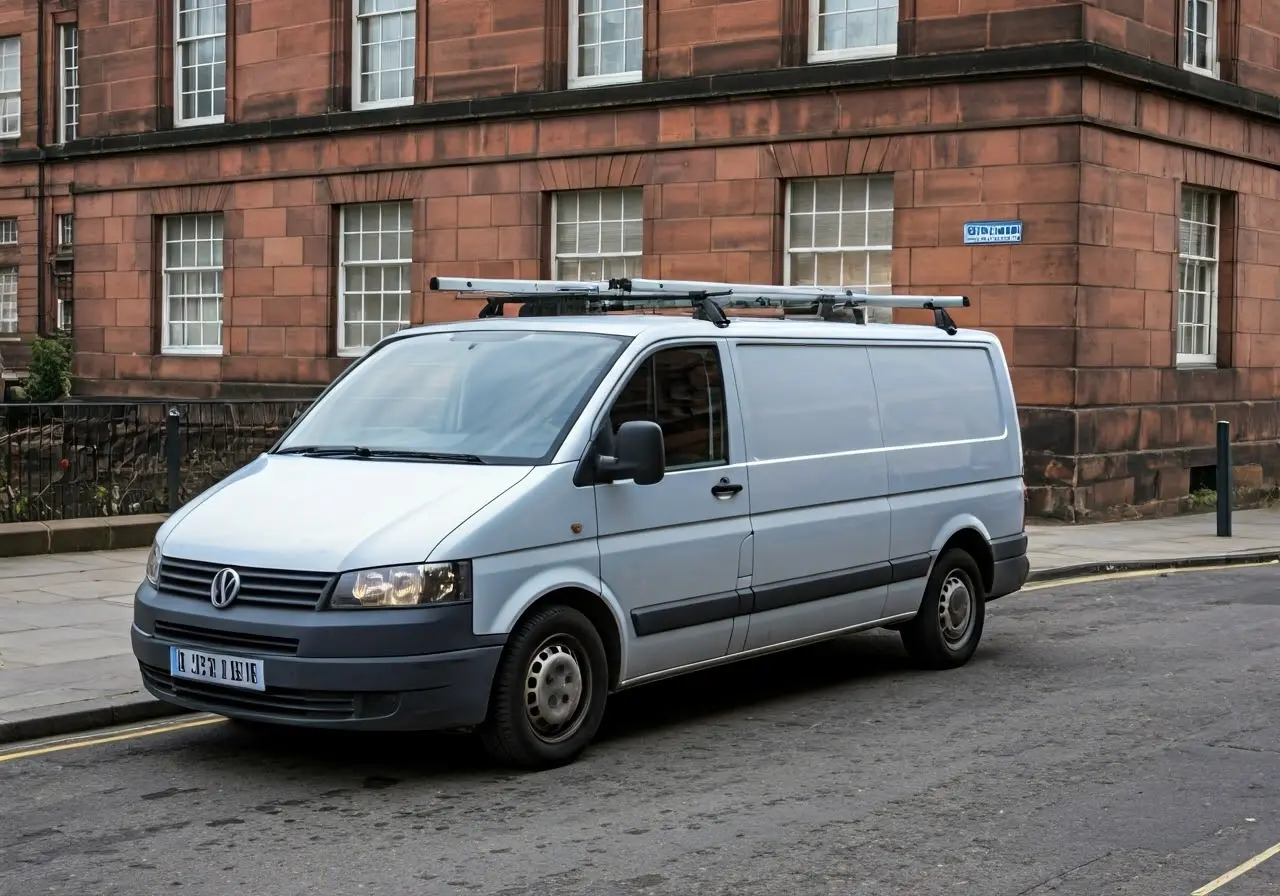 A plumber’s van parked on a street in Glasgow. 35mm stock photo