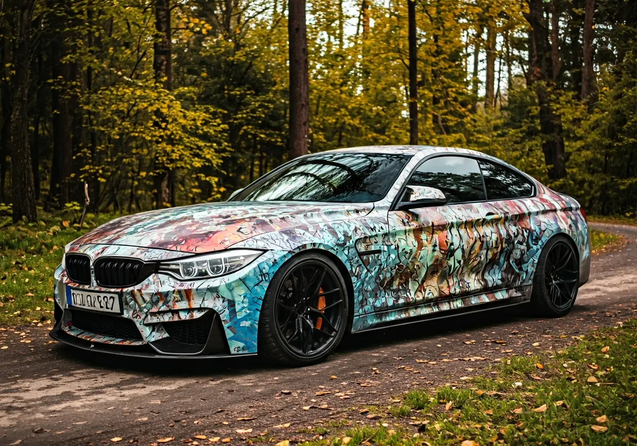 A sleek car with a vibrant custom wrap in nature. 35mm stock photo