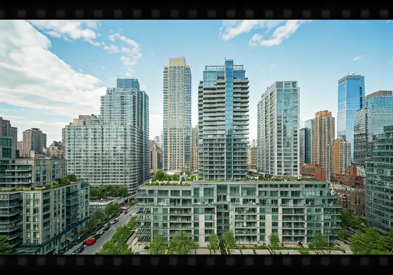 Aerial view of modern NYC condos under a clear sky. 35mm stock photo