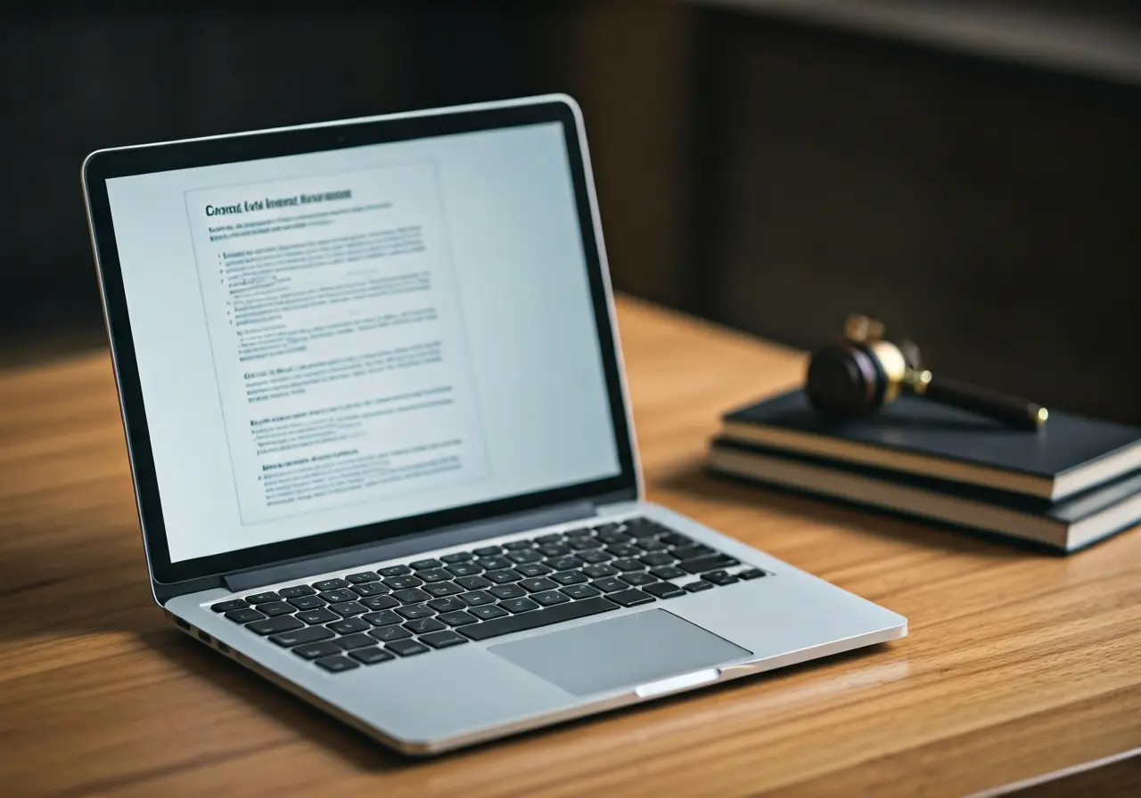 A laptop displaying legal documents on a wooden desk. 35mm stock photo