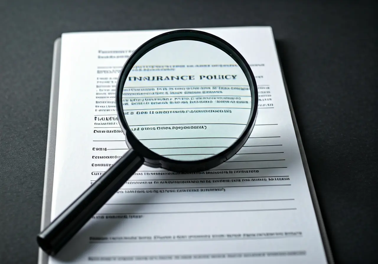 An insurance policy document with a magnifying glass on it. 35mm stock photo