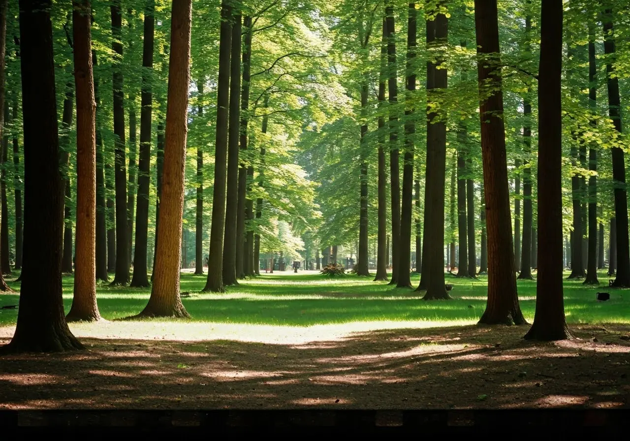 A serene green burial site surrounded by lush trees. 35mm stock photo