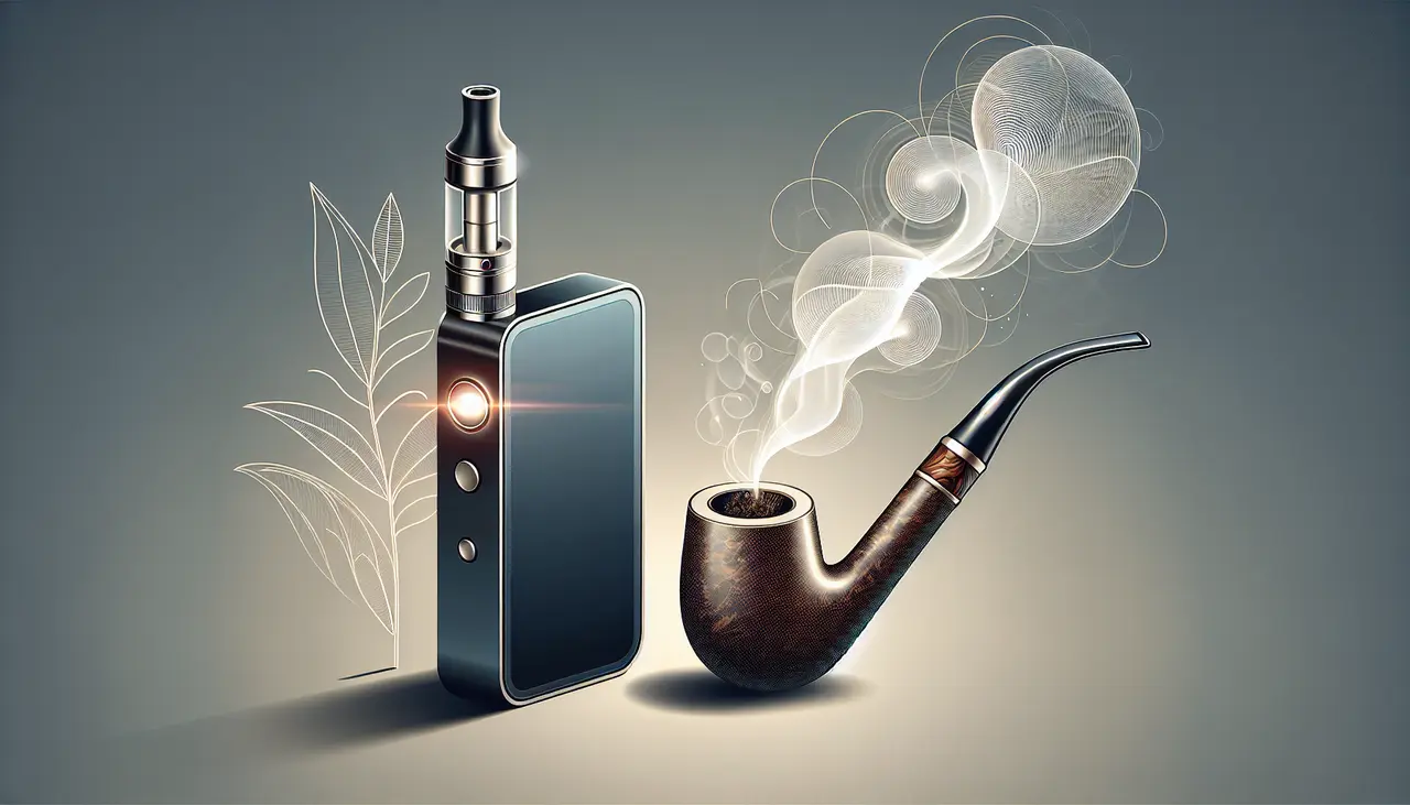 Draw a graphic in flat design style. A sleek electronic smoking device with a glowing indicator next to a classic tobacco pipe, set against a minimalist background with light abstract smoke patterns.
