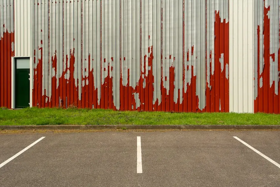 Corrugated metal facade with peeling red paint in an empty parking lot.